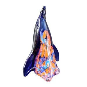 Large Heavy Glass Cobalt Blue Penguin Bird Figurine Decor Paperweight Millefiori